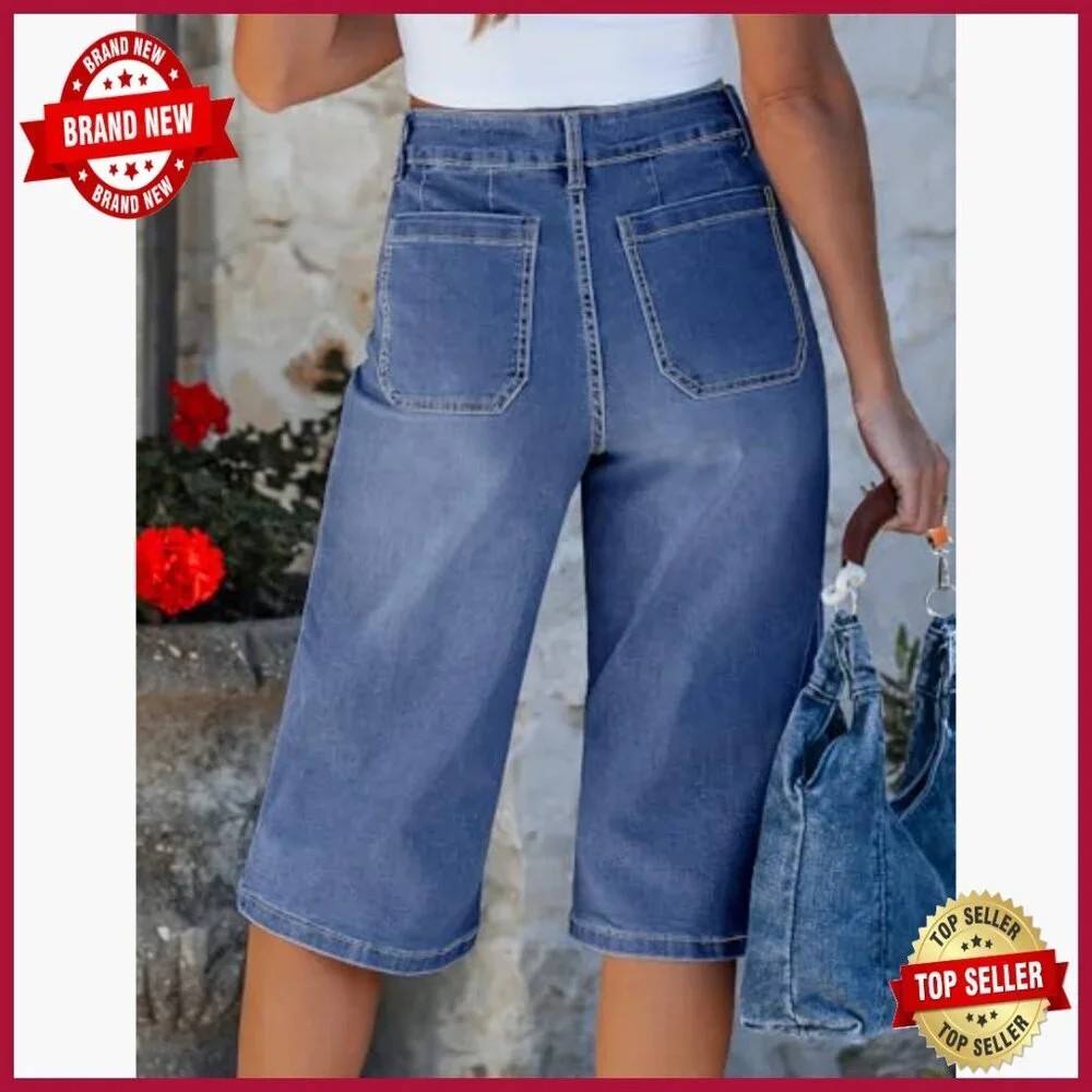 Stretch Denim Wide Leg Capri Pants High Waisted Casual Straight Fit - Picture 2 of 7